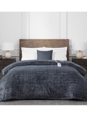 Brookstone Cozy Heated Plush Blanket - Twin Size - Gray Micro Herringbone